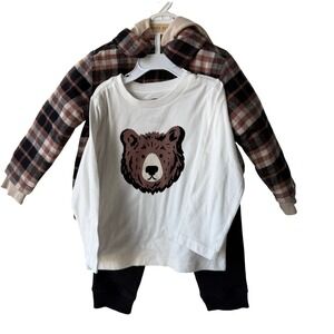 Telluride Clothing Co Kids 3 Piece Set Plaid Hooded Jacket Bear Tee Joggers 2T
